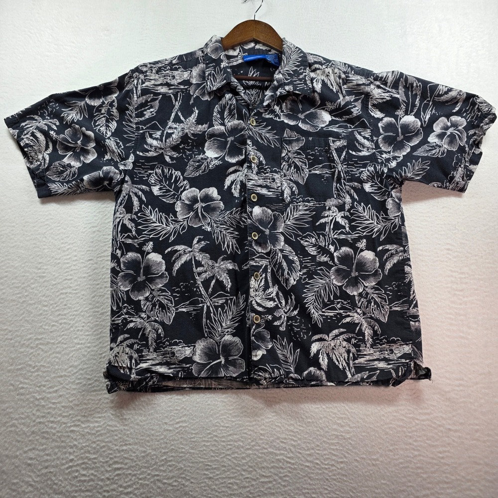 Ocean Pacific Button Down Shirt Mens L Black White Tropical Floral OPS5109P - Picture 2 of 9